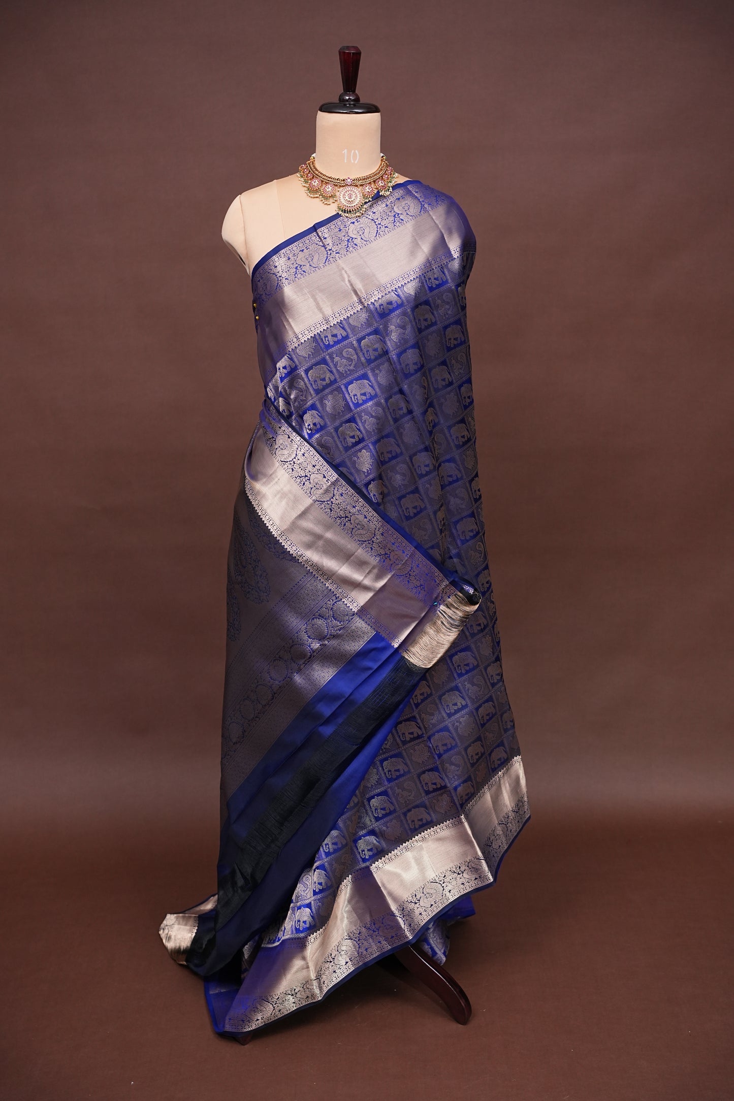 Royal Blue Pure Kanchivaram Brocade Silk Saree with Gold Zari Motifs|Silk Mark Certified