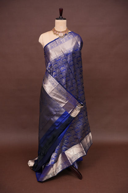 Royal Blue Pure Kanchivaram Brocade Silk Saree with Gold Zari Motifs|Silk Mark Certified