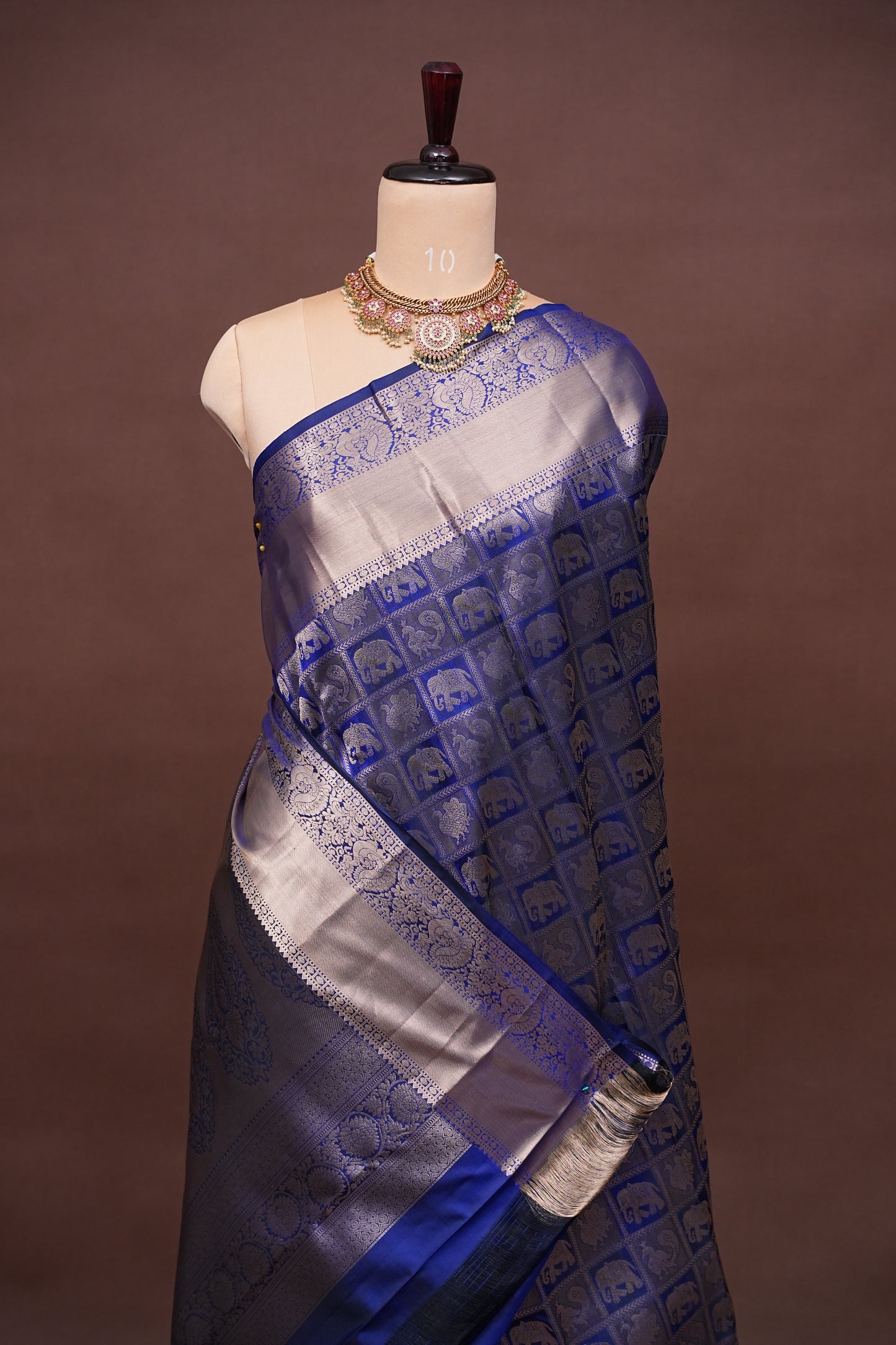 Royal Blue Pure Kanchivaram Brocade Silk Saree with Gold Zari Motifs|Silk Mark Certified