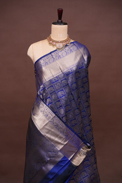 Royal Blue Pure Kanchivaram Brocade Silk Saree with Gold Zari Motifs|Silk Mark Certified
