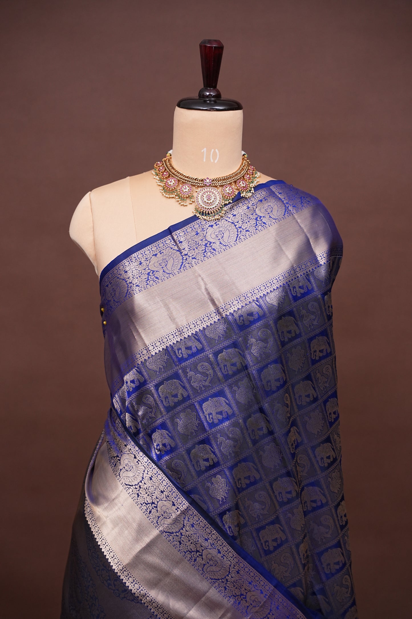 Royal Blue Pure Kanchivaram Brocade Silk Saree with Gold Zari Motifs|Silk Mark Certified