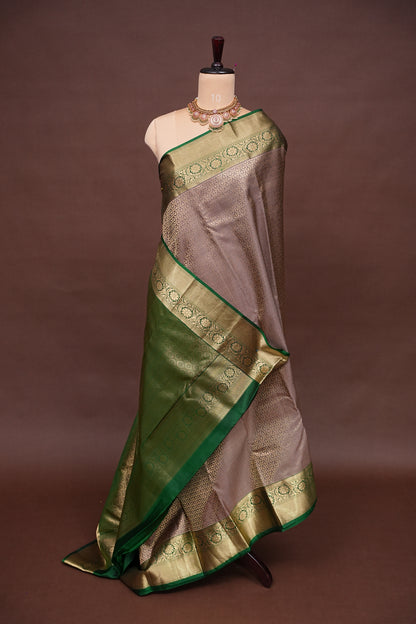 Champagne Gold and Emerald Green Pure Kanchivaram Silk Saree with Rich Zari Weave|Silk Mark Certified