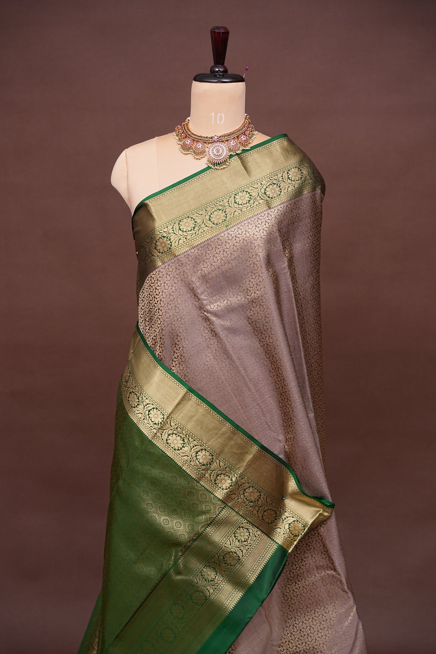 Champagne Gold and Emerald Green Pure Kanchivaram Silk Saree with Rich Zari Weave|Silk Mark Certified