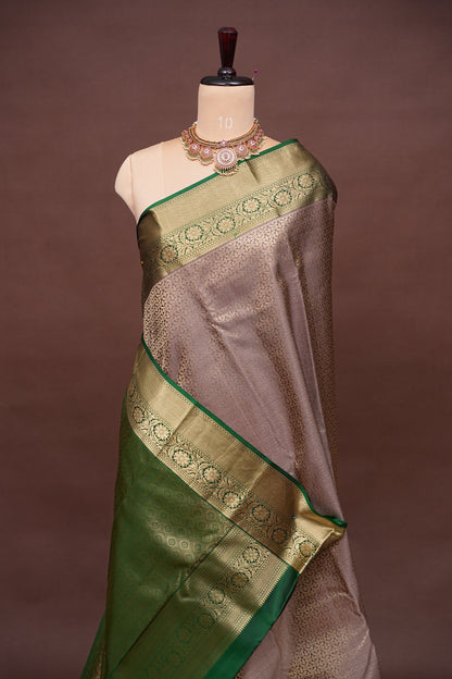 Champagne Gold and Emerald Green Pure Kanchivaram Silk Saree with Rich Zari Weave|Silk Mark Certified