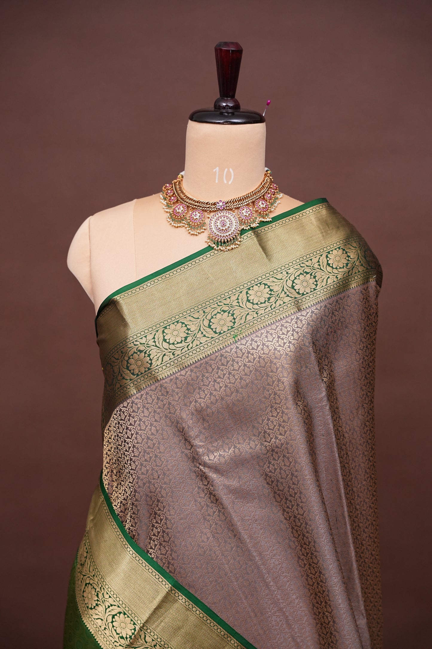 Champagne Gold and Emerald Green Pure Kanchivaram Silk Saree with Rich Zari Weave|Silk Mark Certified