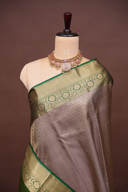 Champagne Gold and Emerald Green Pure Kanchivaram Silk Saree with Rich Zari Weave|Silk Mark Certified