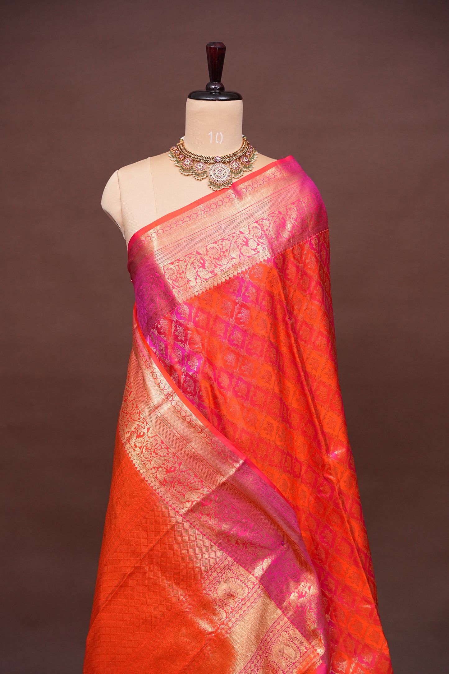 Rangkat Collection - Fiery Orange & Pink Dual Tone Kanchivaram Silk Saree with Rich Gold Zari Weave