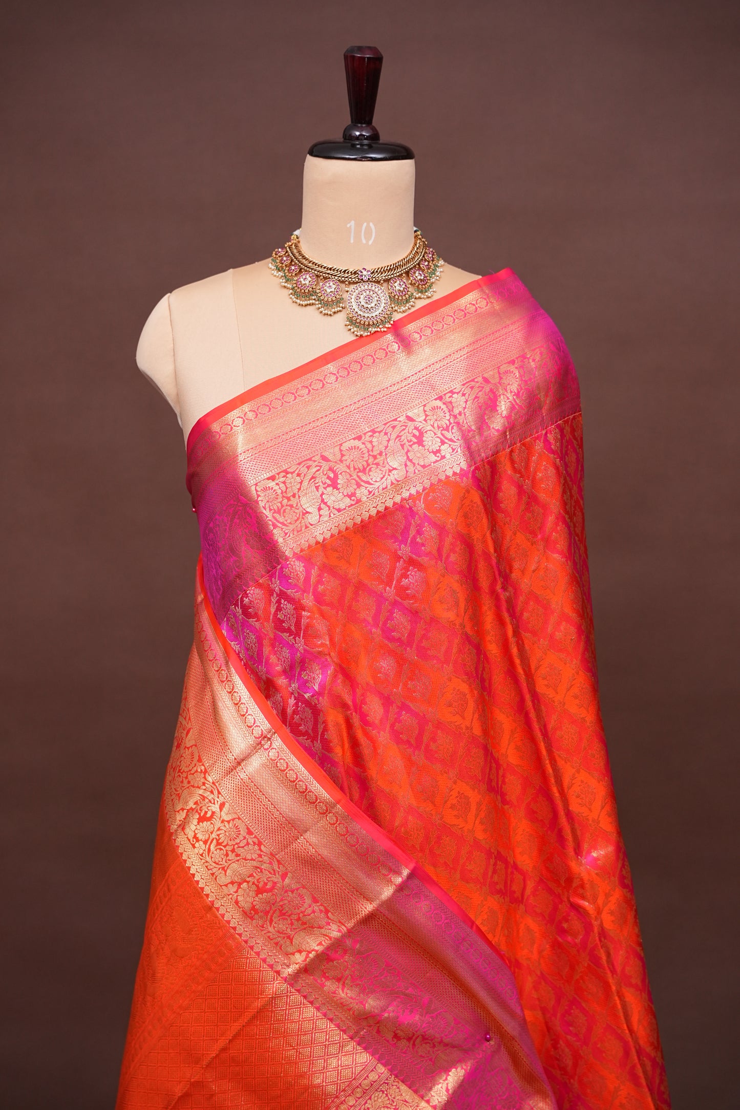 Rangkat Collection - Fiery Orange & Pink Dual Tone Kanchivaram Silk Saree with Rich Gold Zari Weave