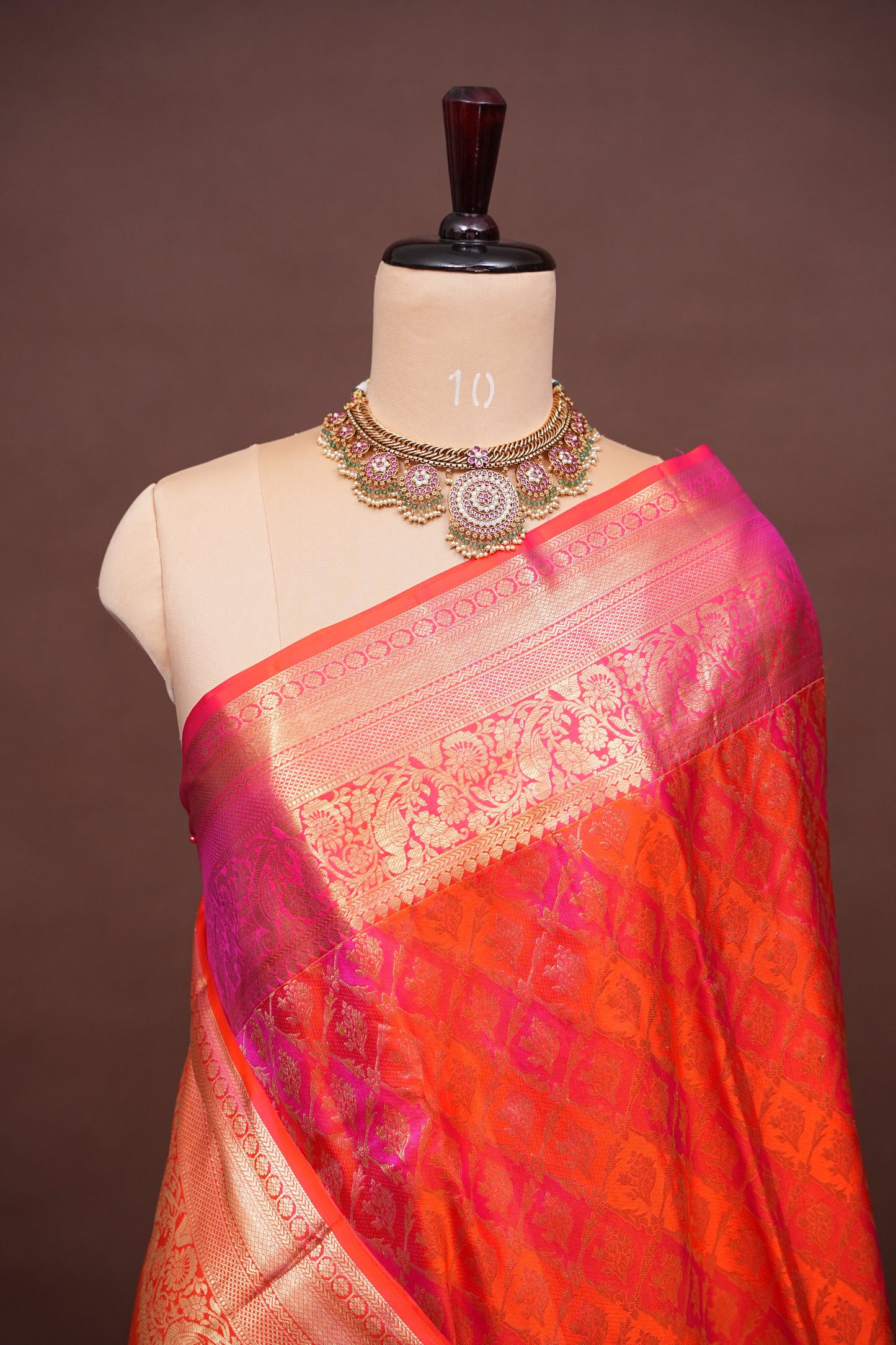 Rangkat Collection - Fiery Orange & Pink Dual Tone Kanchivaram Silk Saree with Rich Gold Zari Weave