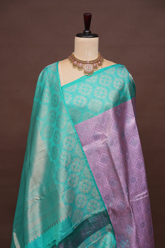 Aqua Green & Lavender Pure Kanchivaram Silk Saree with Intricate Zari Weave|Silk Mark Certified