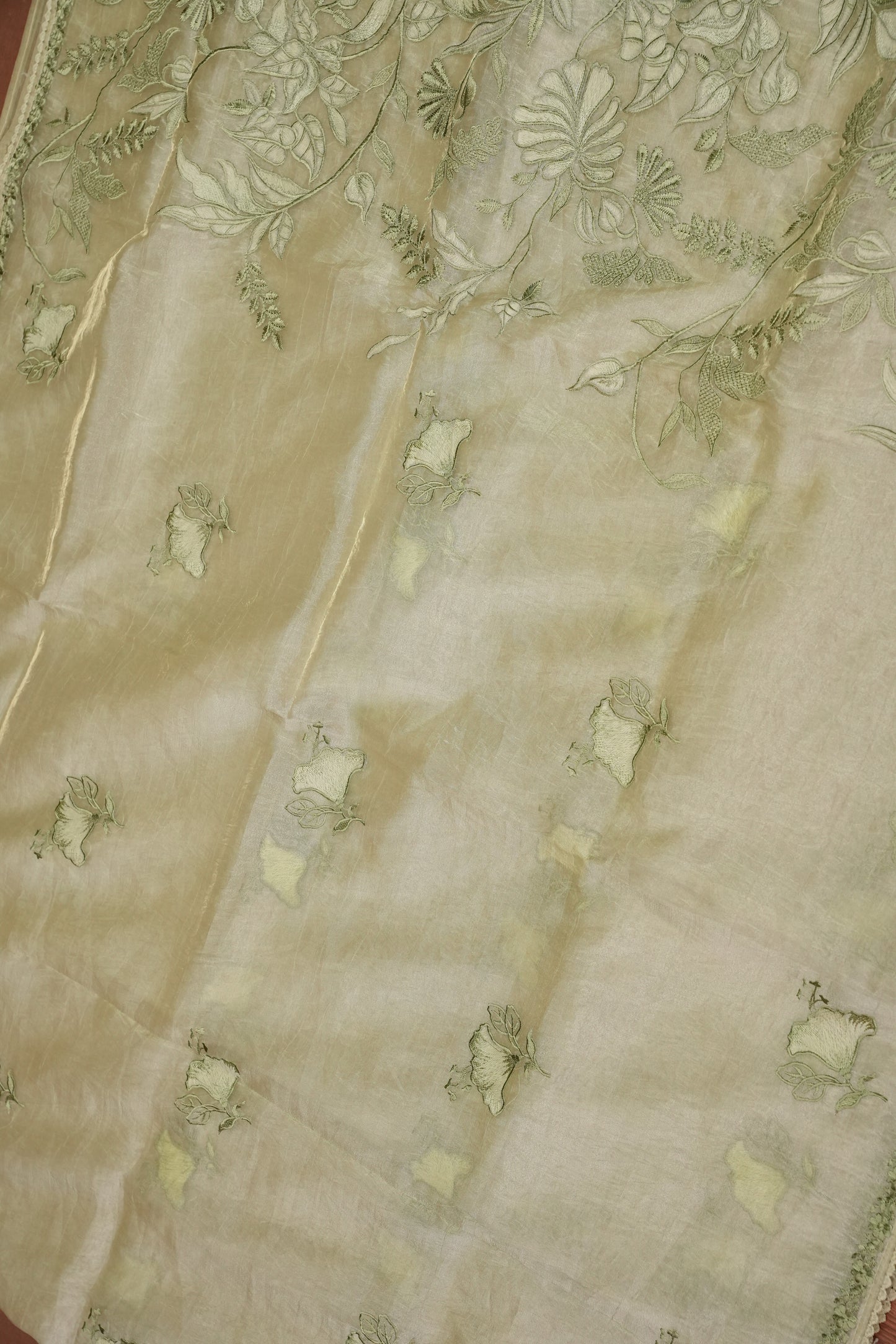 Soft Organza Saree with Floral Embroidery - Light Pistachio Green