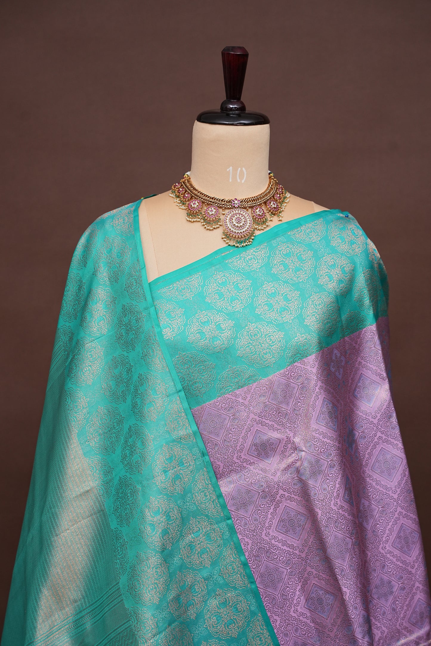 Aqua Green & Lavender Pure Kanchivaram Silk Saree with Intricate Zari Weave|Silk Mark Certified