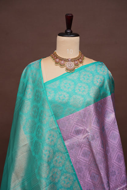 Aqua Green & Lavender Pure Kanchivaram Silk Saree with Intricate Zari Weave|Silk Mark Certified