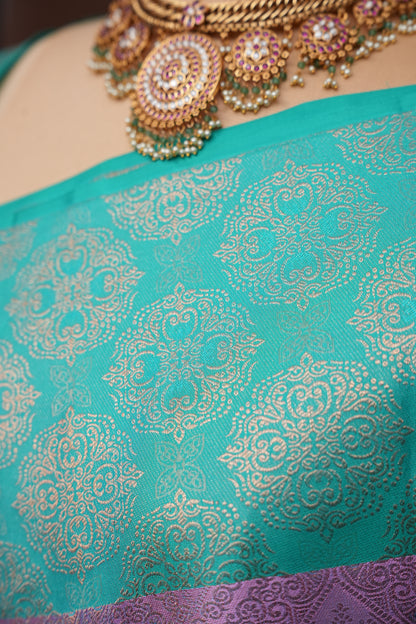 Aqua Green & Lavender Pure Kanchivaram Silk Saree with Intricate Zari Weave|Silk Mark Certified
