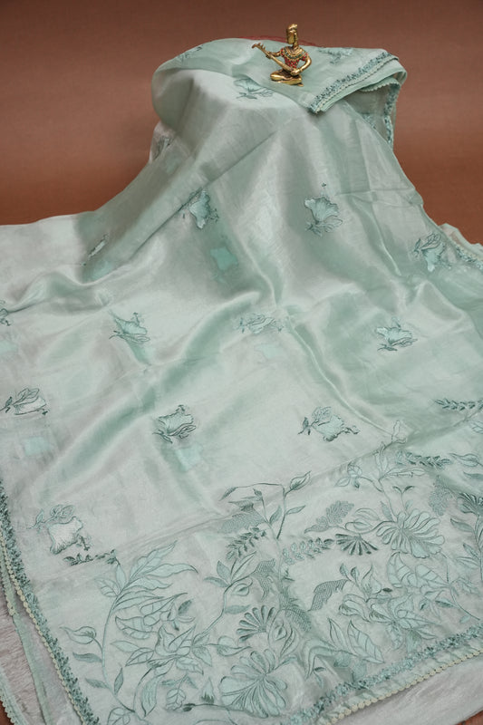 Soft Organza Saree with Floral Embroidery - Powder Blue