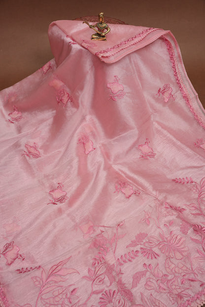 Soft Organza Saree with Floral Embroidery - Blush Pink