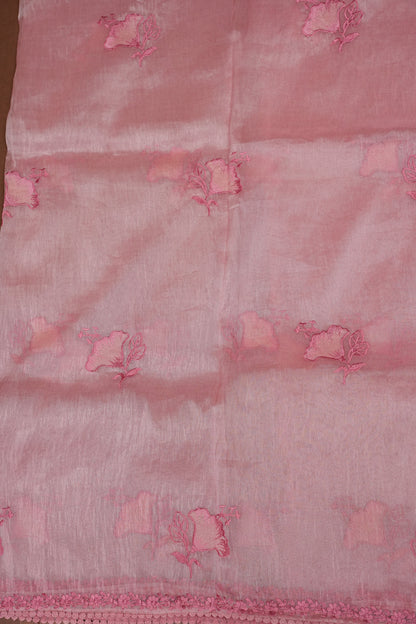 Soft Organza Saree with Floral Embroidery - Blush Pink