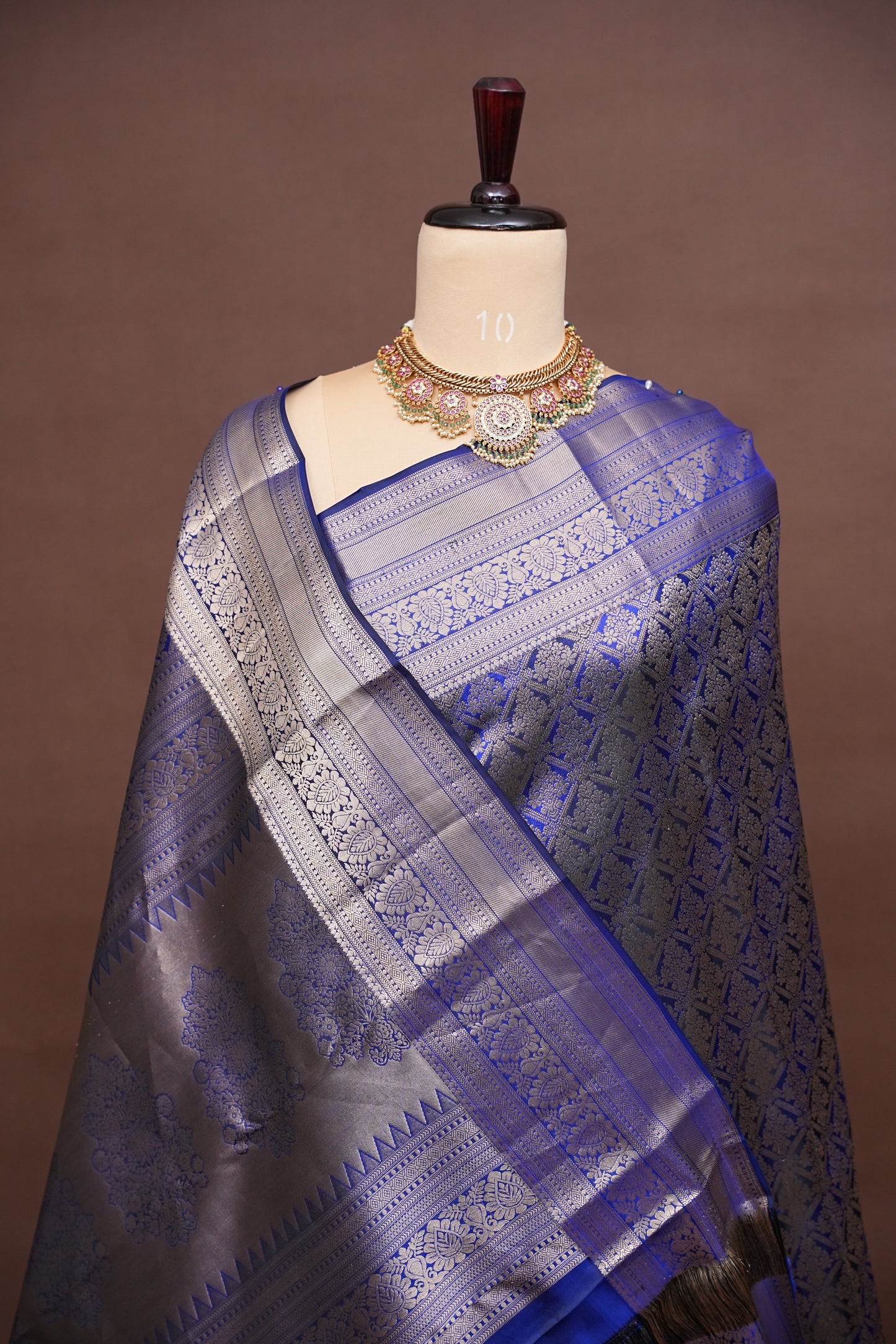 Royal Blue Brocade Pure Kanchivaram Silk Saree with Antique Gold Zari|Silk Mark Certified