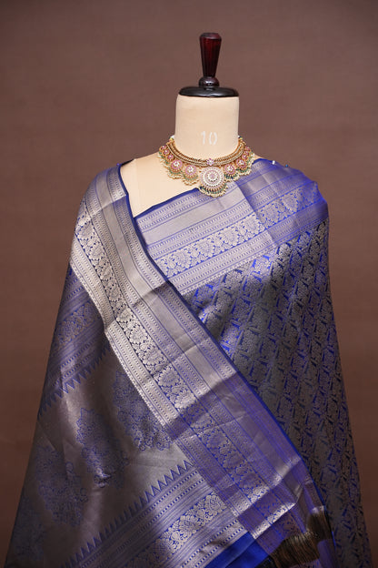 Royal Blue Brocade Pure Kanchivaram Silk Saree with Antique Gold Zari|Silk Mark Certified