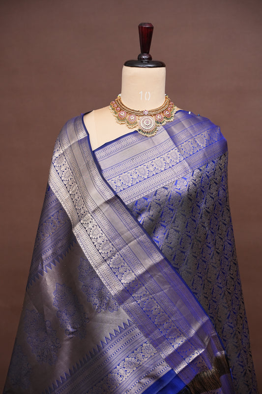 Royal Blue Brocade Pure Kanchivaram Silk Saree with Antique Gold Zari|Silk Mark Certified