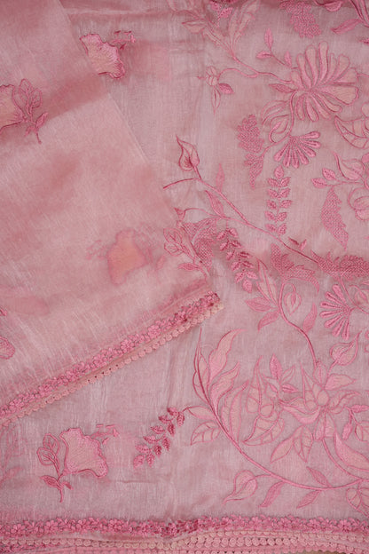 Soft Organza Saree with Floral Embroidery - Blush Pink