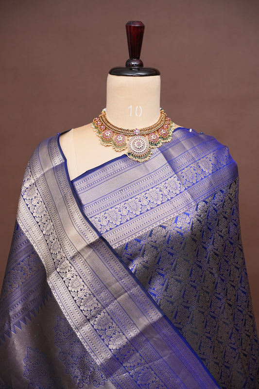 Royal Blue Brocade Pure Kanchivaram Silk Saree with Antique Gold Zari|Silk Mark Certified