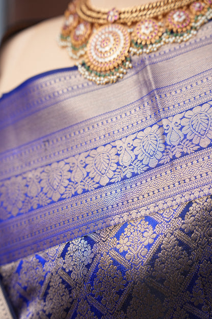 Royal Blue Brocade Pure Kanchivaram Silk Saree with Antique Gold Zari|Silk Mark Certified