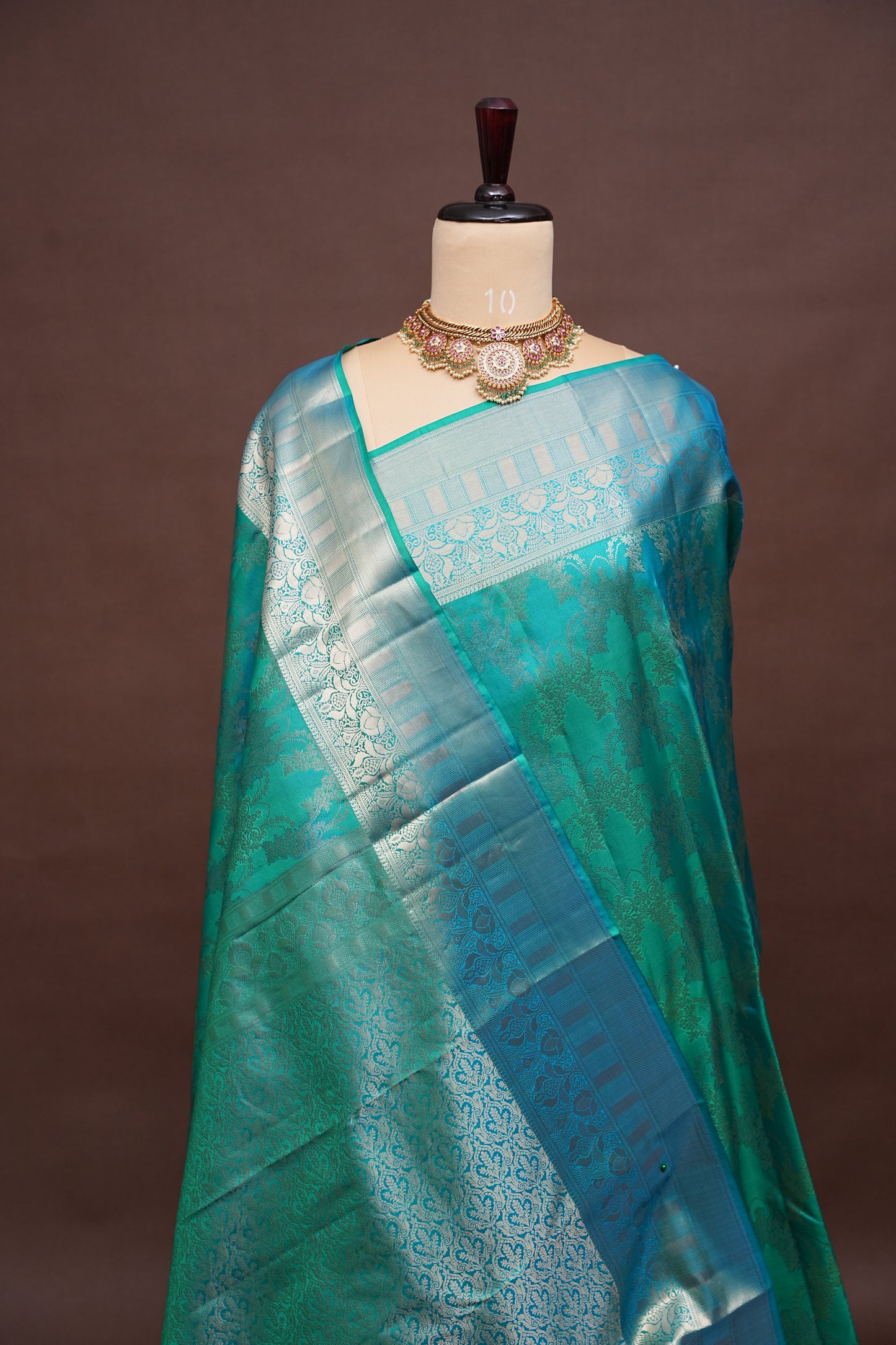Teal Green Pure Kanchivaram Silk Saree with Antique Gold Zari Weave|Silk Mark Certified