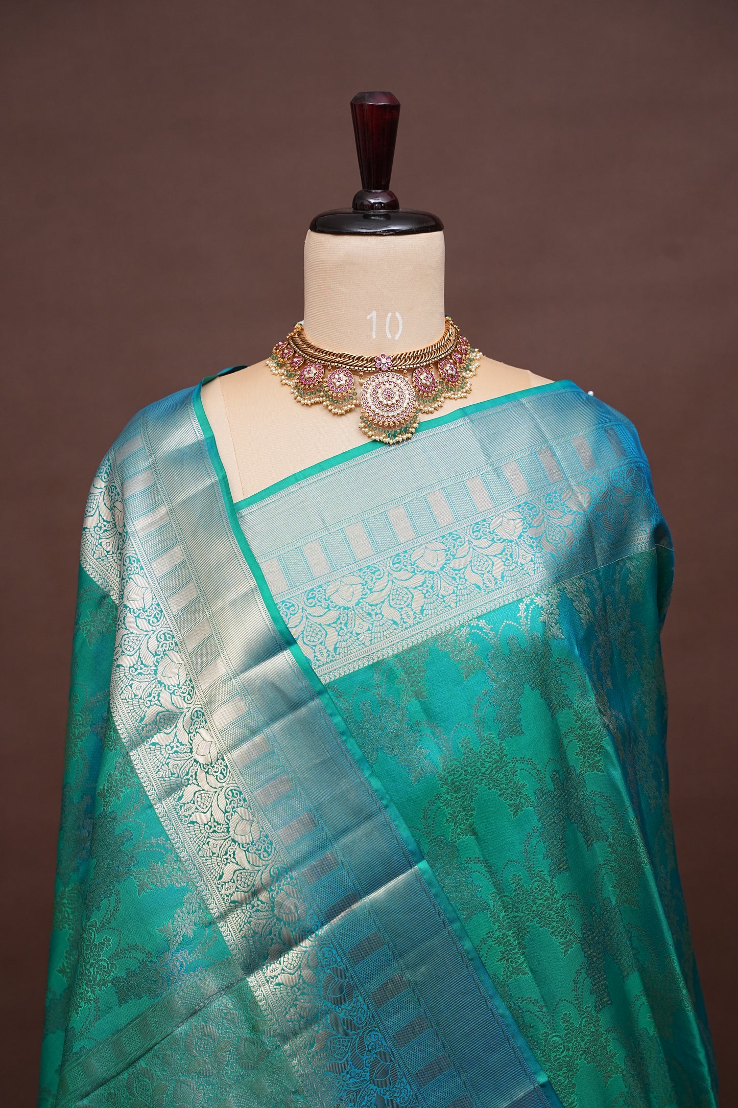 Teal Green Pure Kanchivaram Silk Saree with Antique Gold Zari Weave|Silk Mark Certified