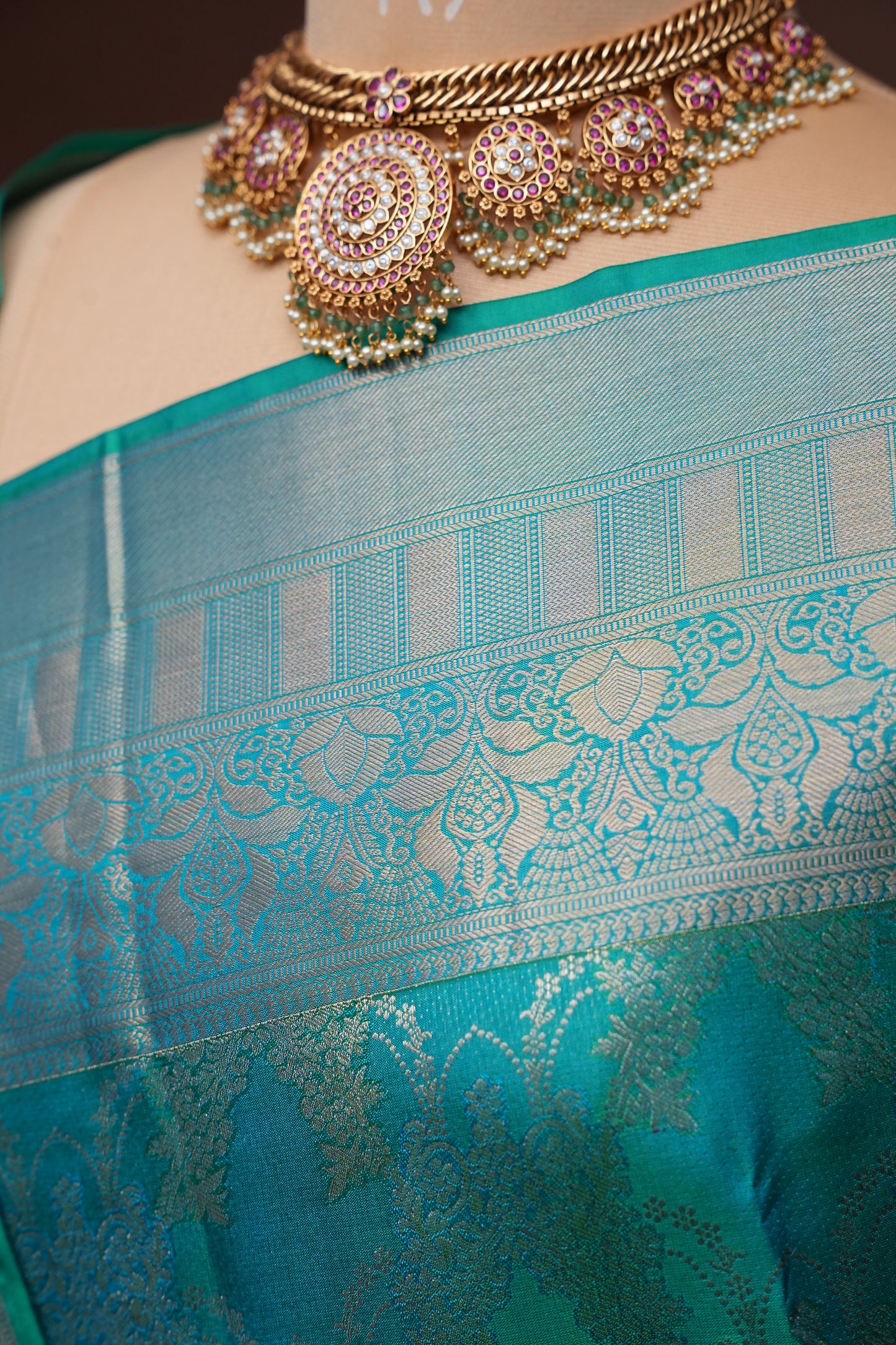 Teal Green Pure Kanchivaram Silk Saree with Antique Gold Zari Weave|Silk Mark Certified