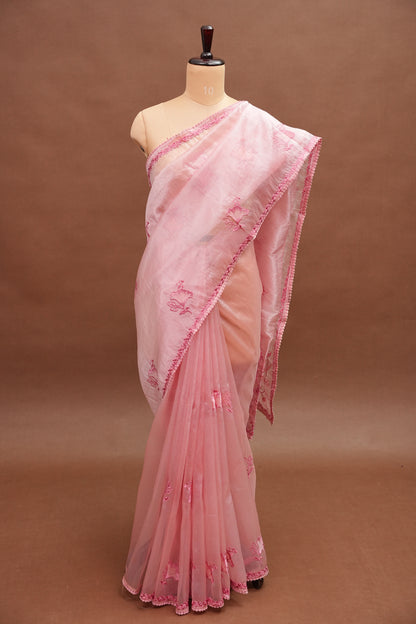Soft Organza Saree with Floral Embroidery - Blush Pink