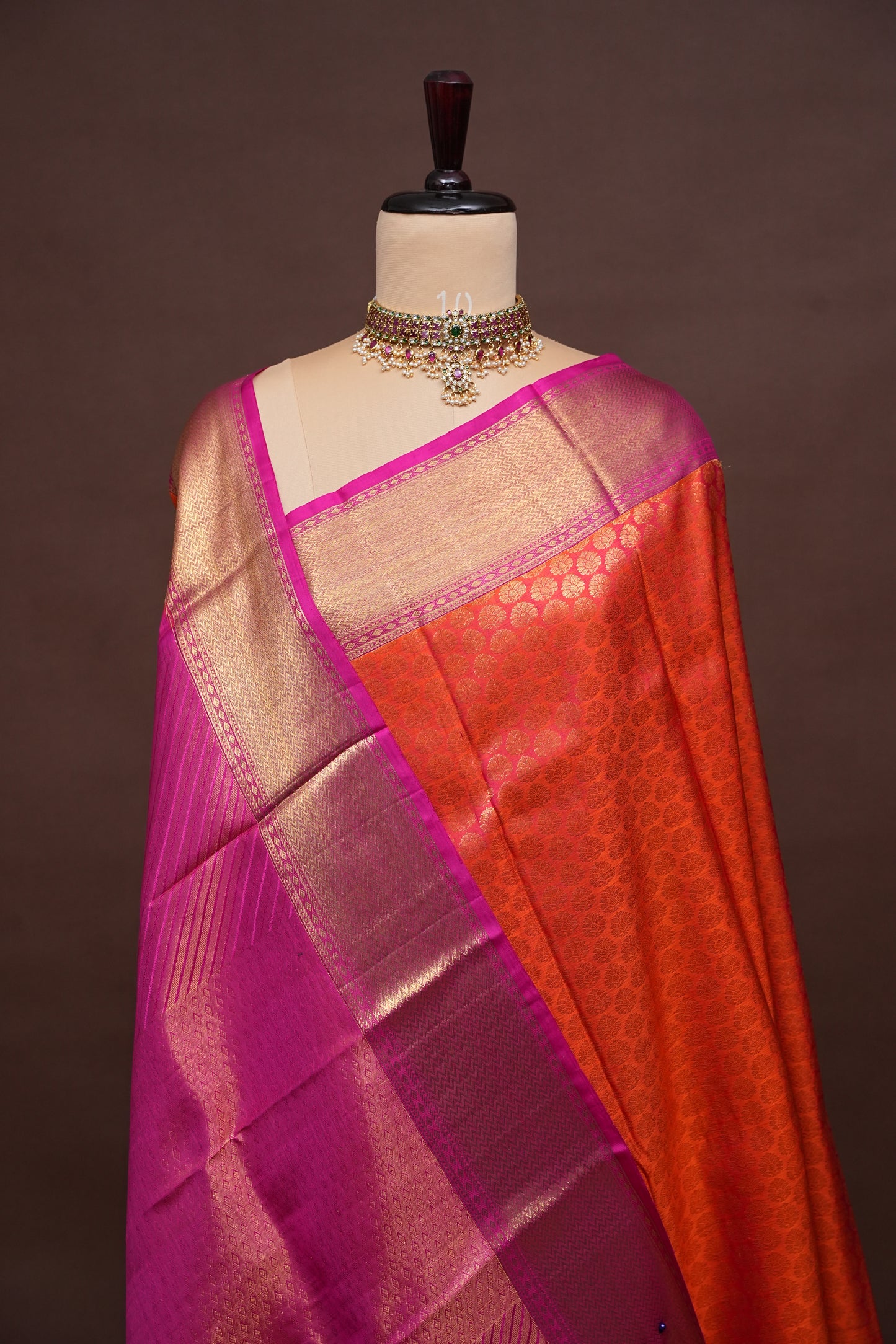 Pure Kanchivaram Silk Saree with Rich Gold Zari - Vermilion Orange with Pink