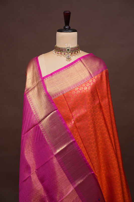 Pure Kanchivaram Silk Saree with Rich Gold Zari - Vermilion Orange with Pink