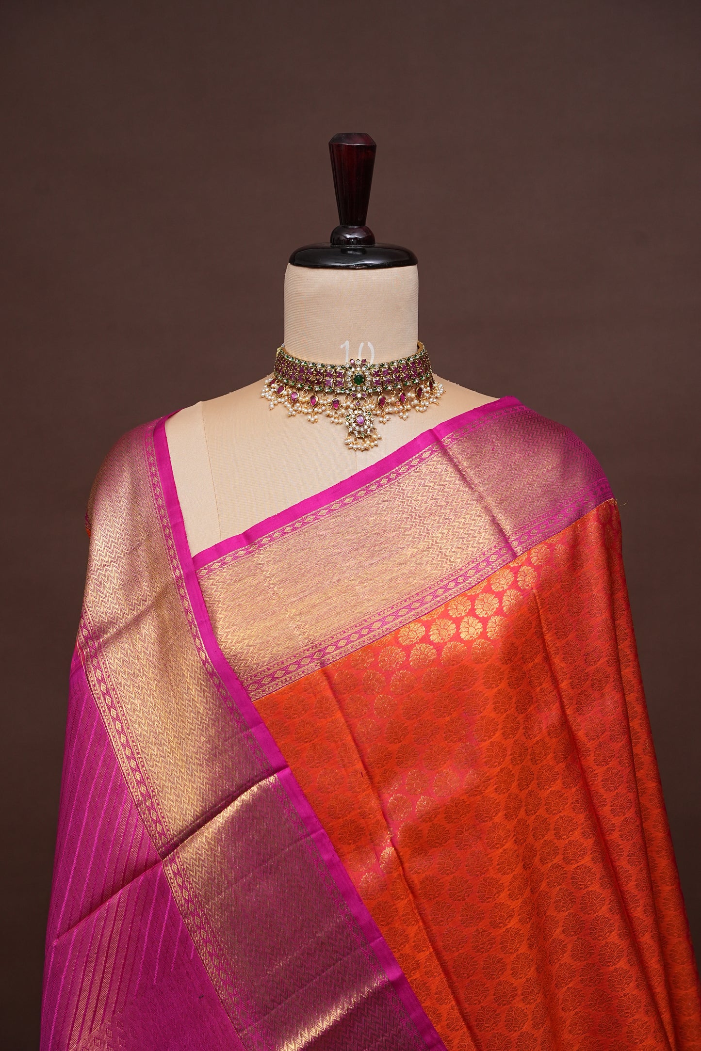 Pure Kanchivaram Silk Saree with Rich Gold Zari - Vermilion Orange with Pink