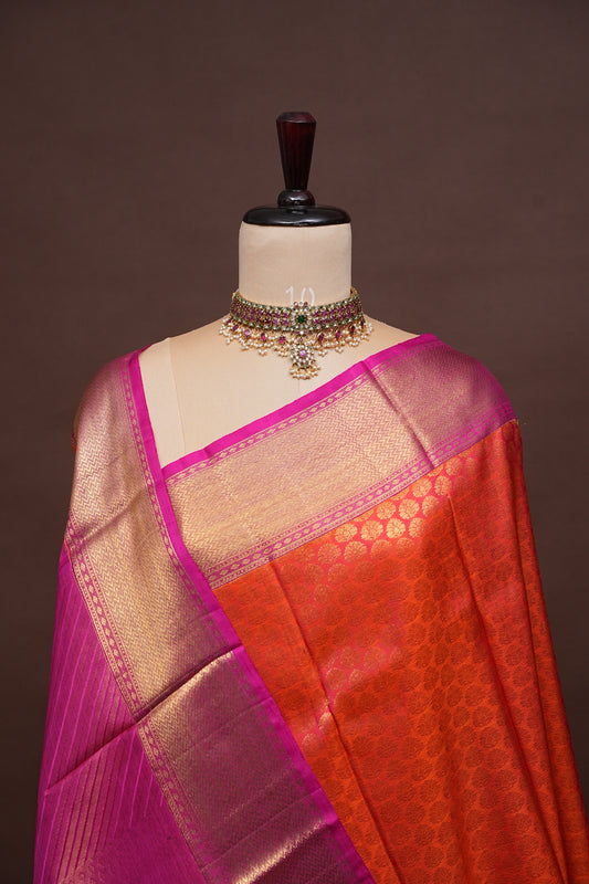Pure Kanchivaram Silk Saree with Rich Gold Zari - Vermilion Orange with Pink