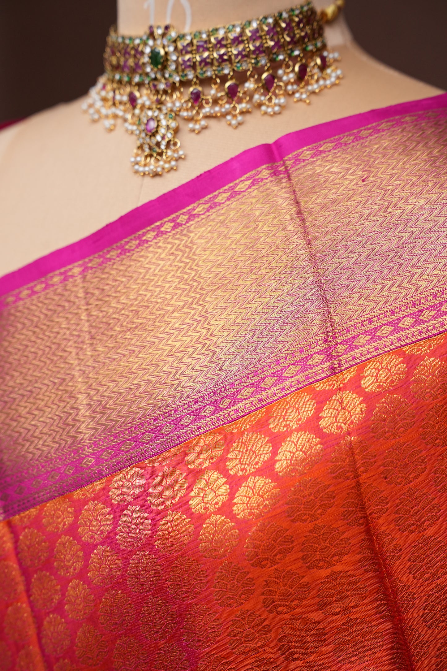Pure Kanchivaram Silk Saree with Rich Gold Zari - Vermilion Orange with Pink