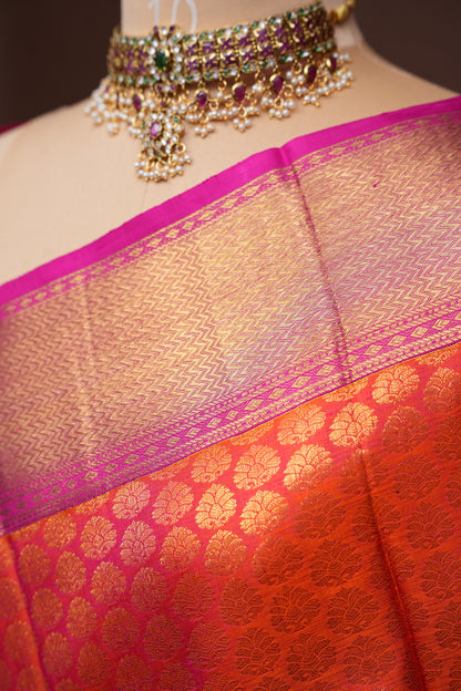 Pure Kanchivaram Silk Saree with Rich Gold Zari - Vermilion Orange with Pink