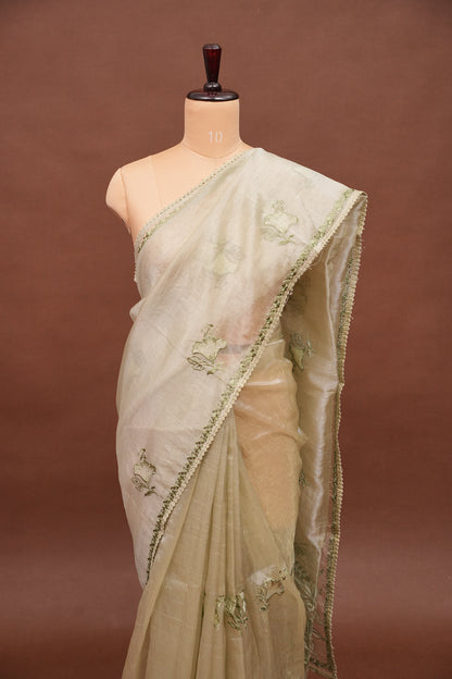Soft Organza Saree with Floral Embroidery - Light Pistachio Green