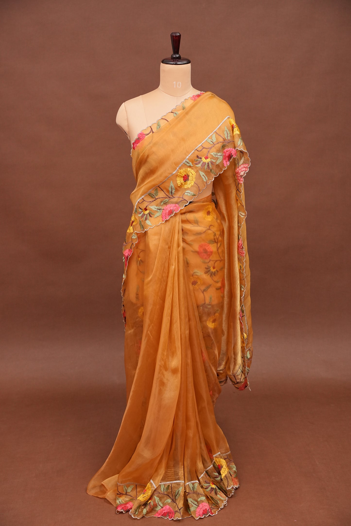 Soft Party Wear Organza Saree with Floral Embroidered Border - Mustard Yellow