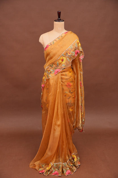 Soft Party Wear Organza Saree with Floral Embroidered Border - Mustard Yellow