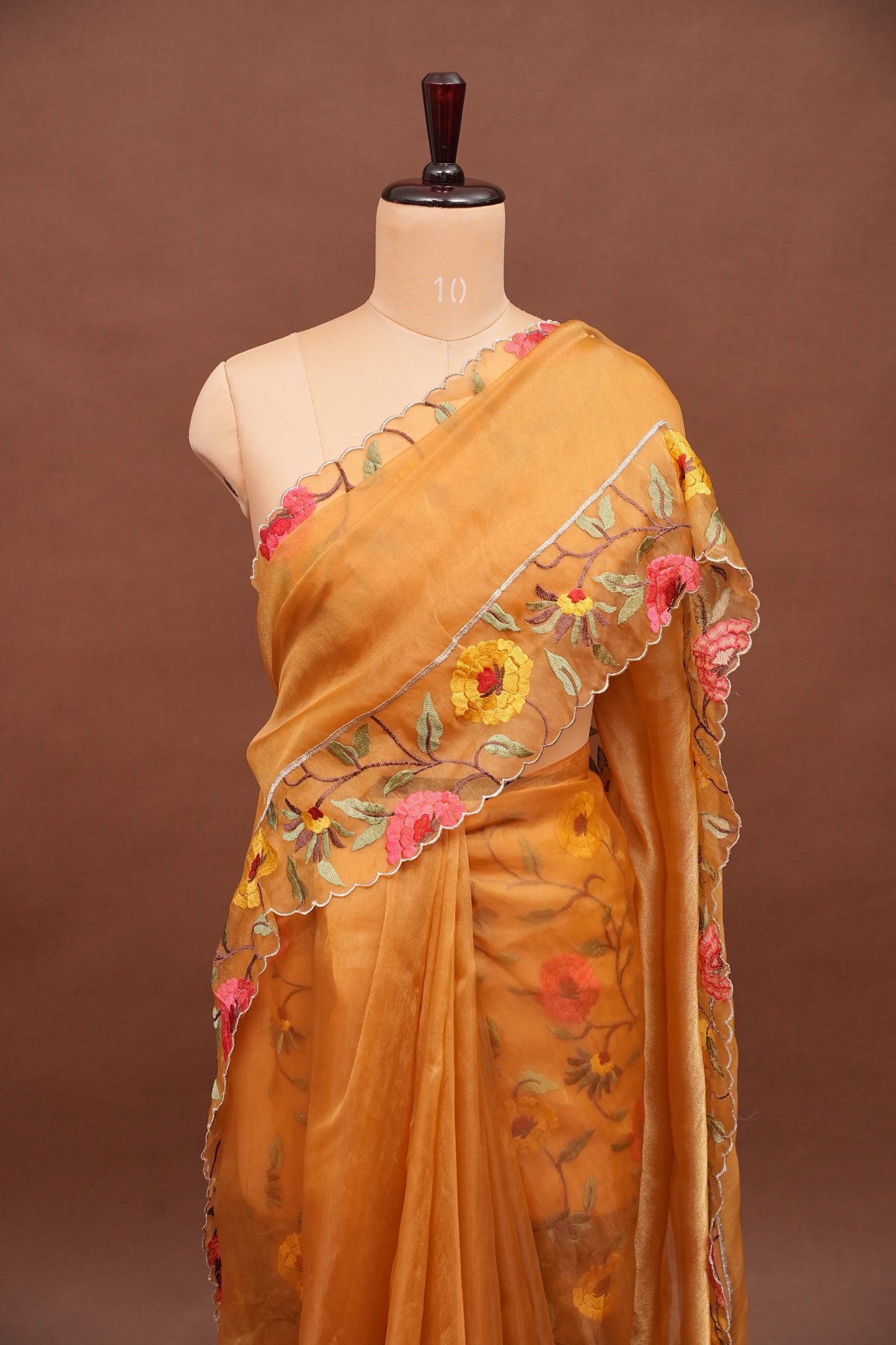 Soft Party Wear Organza Saree with Floral Embroidered Border - Mustard Yellow