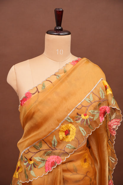 Soft Party Wear Organza Saree with Floral Embroidered Border - Mustard Yellow