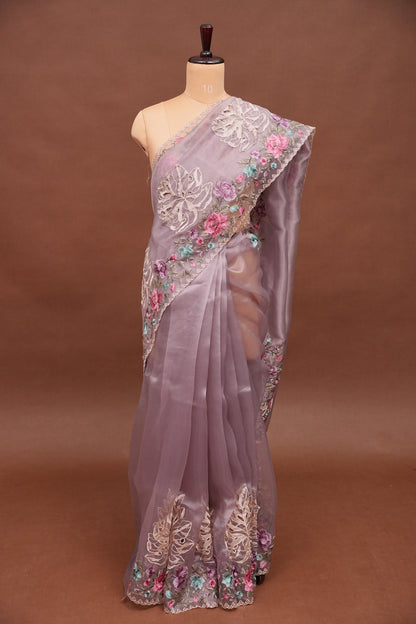 Party Wear Pure Organza Saree with Floral Embroidered Border - Light Lavender Pastel