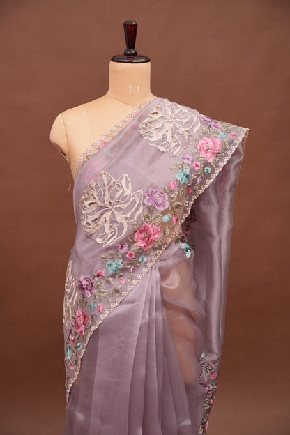 Party Wear Pure Organza Saree with Floral Embroidered Border - Light Lavender Pastel