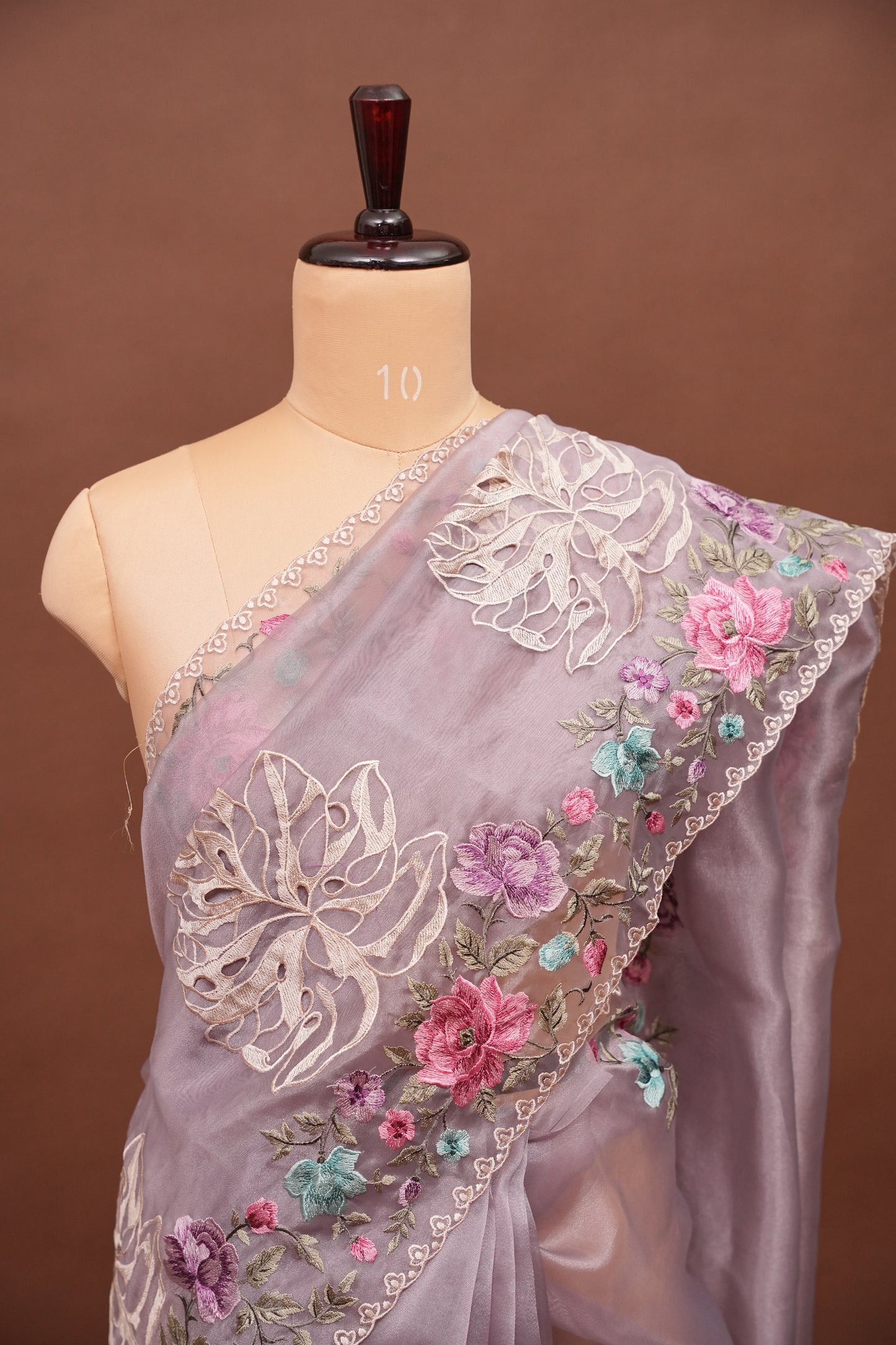 Party Wear Pure Organza Saree with Floral Embroidered Border - Light Lavender Pastel
