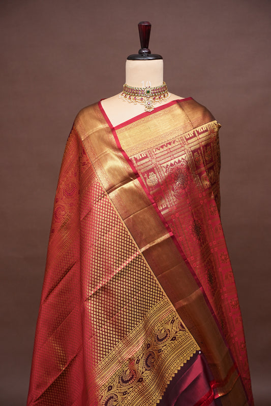 Deep Red Bridal Kanchivaram Silk Saree with Rich Gold Zari|Silk Mark Certified
