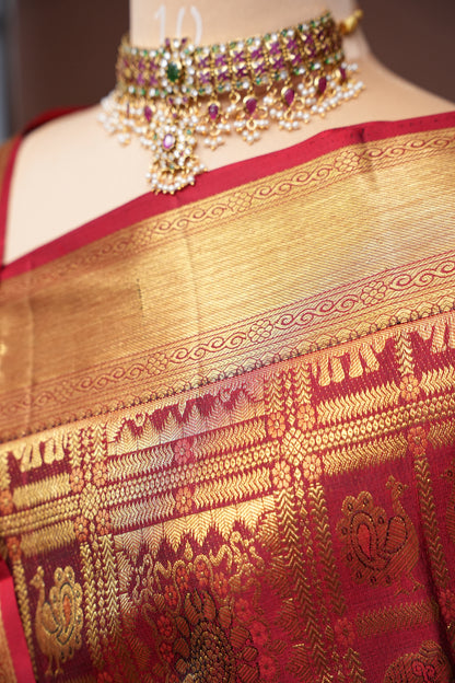 Deep Red Bridal Kanchivaram Silk Saree with Rich Gold Zari|Silk Mark Certified