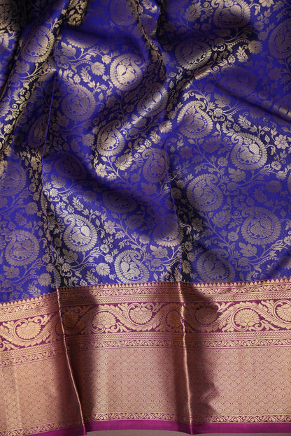 Royal Blue Pure Kanchipuram Silk Saree with Antique Gold Zari & Magenta Accents | Silk Mark Certified