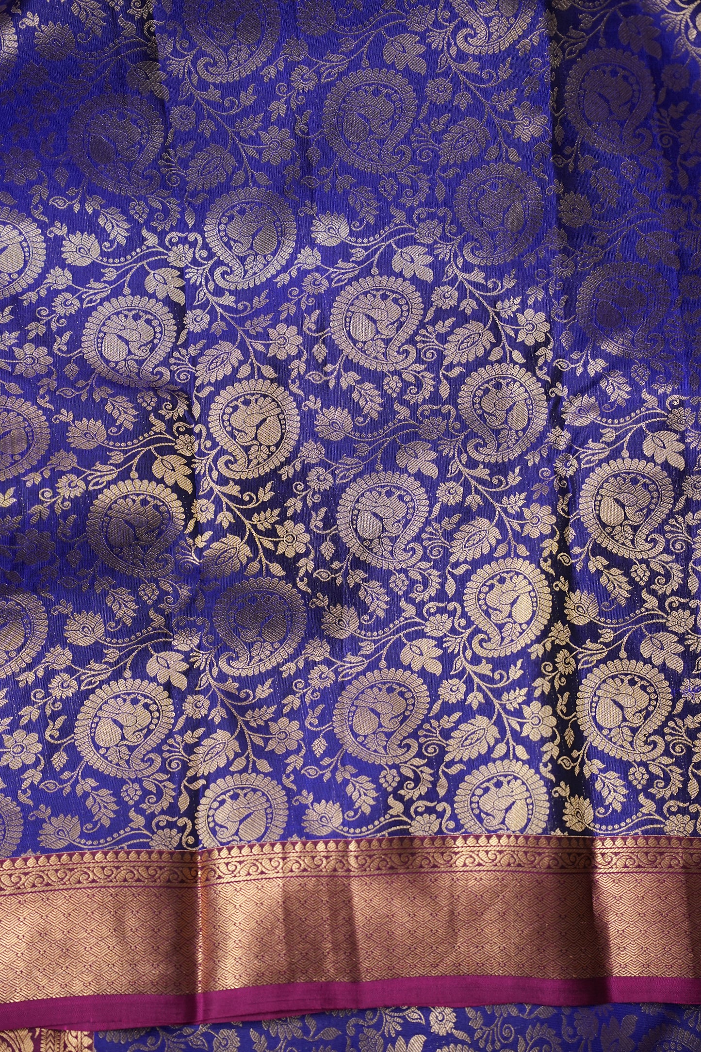 Royal Blue Pure Kanchipuram Silk Saree with Antique Gold Zari & Magenta Accents | Silk Mark Certified