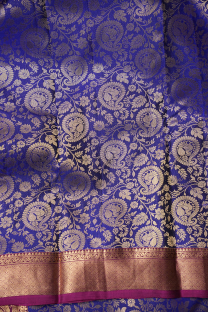 Royal Blue Pure Kanchipuram Silk Saree with Antique Gold Zari & Magenta Accents | Silk Mark Certified